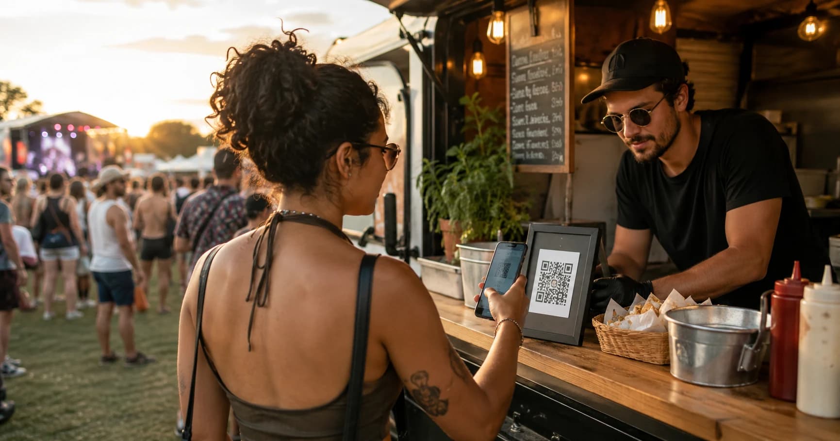 Visiteur commandant à un stand de festival via QR code, paiement cashless