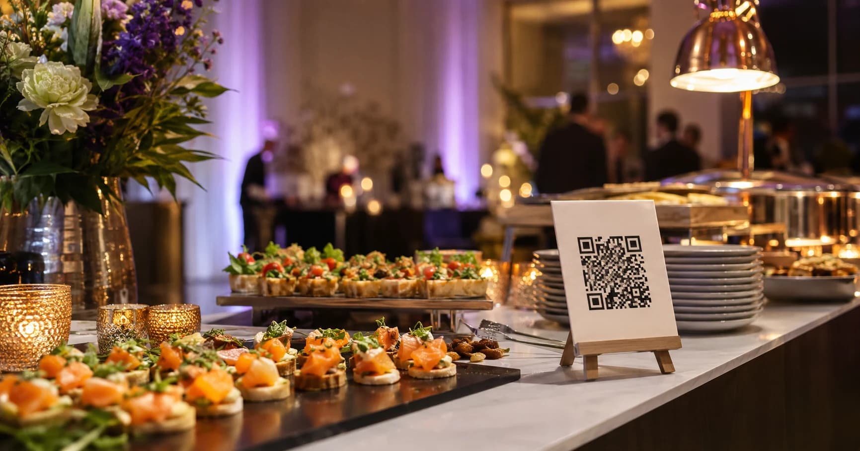 Catering buffet with QR code ordering on the counter