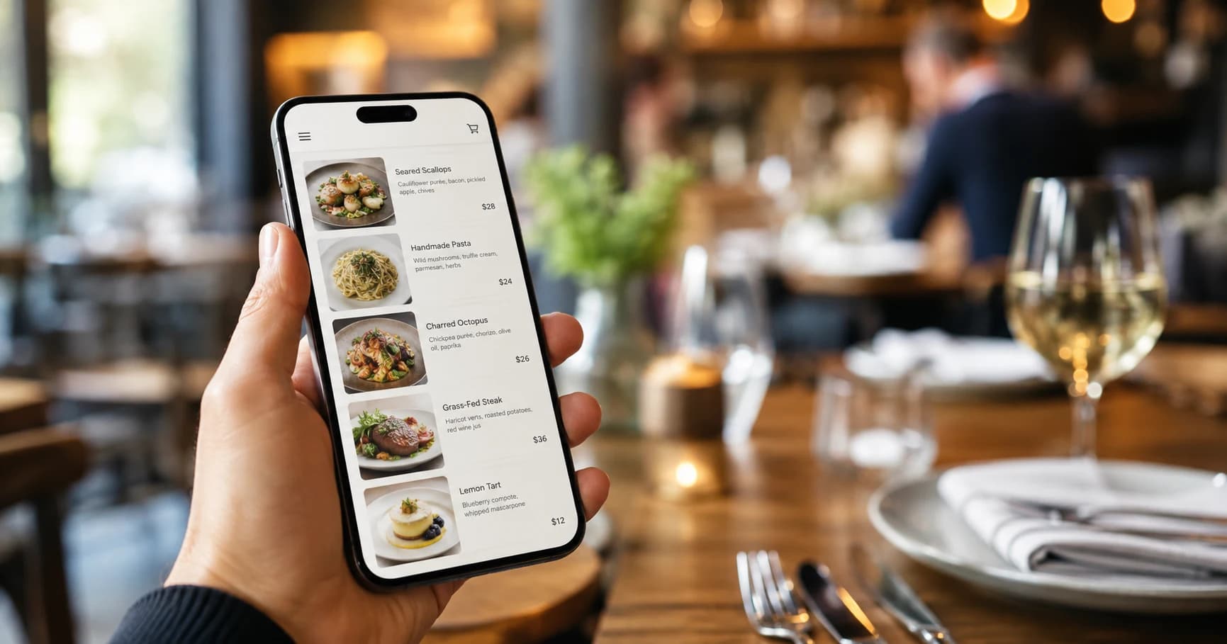 Menu QR code affiché sur smartphone à la table d'un restaurant